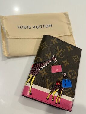 Louis Vuitton Brown Monogram Passport Cover with Pink and Yellow Giraffe Print